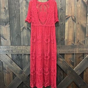 Bohemian Lace‎ Sheer Maxi Dress One Size Burgundy Floral Festival Fairy Coastal
